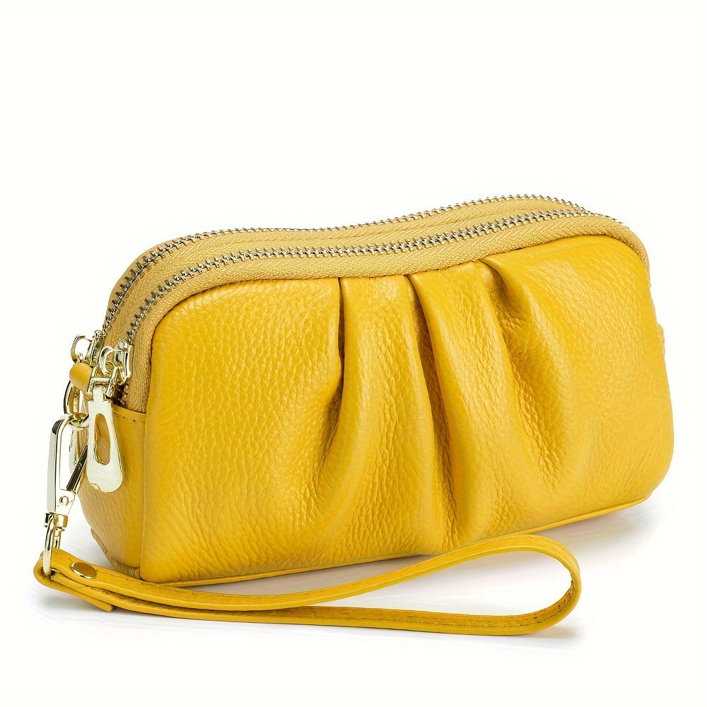 Genuine Leather Handheld Bag for Moms with Double Zipper Wallet and Mobile Case in Multiple Colors