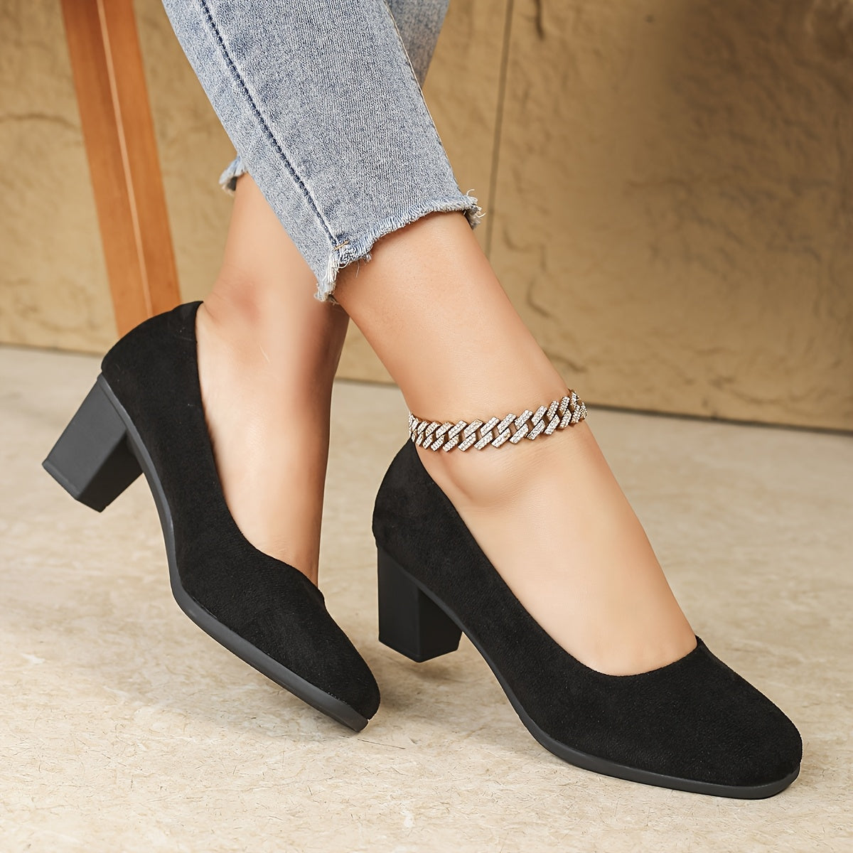 Women’s Black Fabric Pumps - Comfortable Square Toe Mid-Heel Shoes