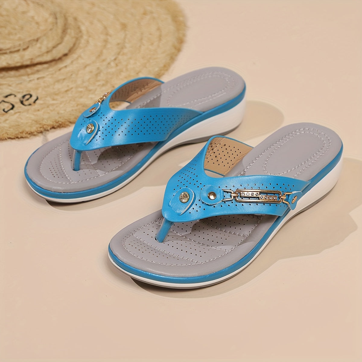Women's Solid Color Flip Flops Rhinestone Buckle Summer Wedge Slides