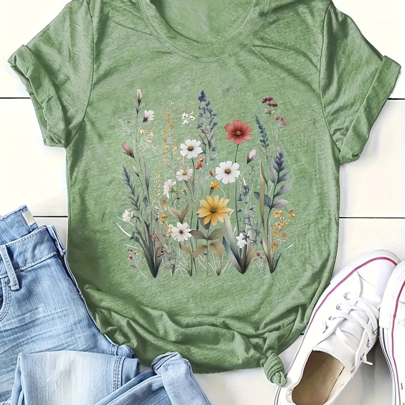 Plus Size Floral Print T-Shirt Polyester Crew Neck Summer Pocket Tee