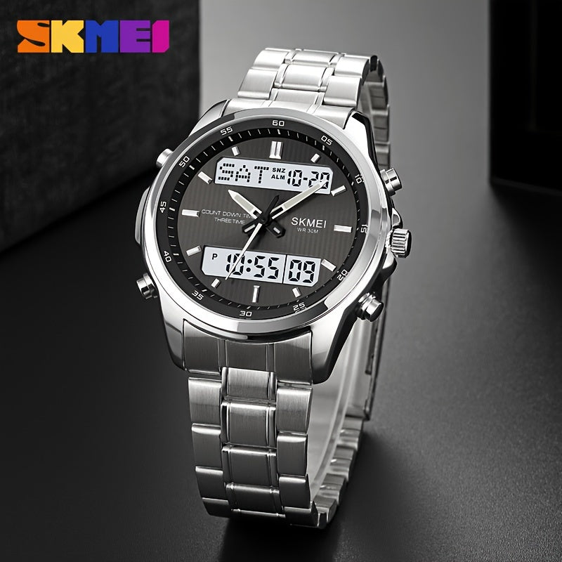 Reloj de negocios impermeable para hombre con doble pantalla, pulsera de acero luminosa y multifunción