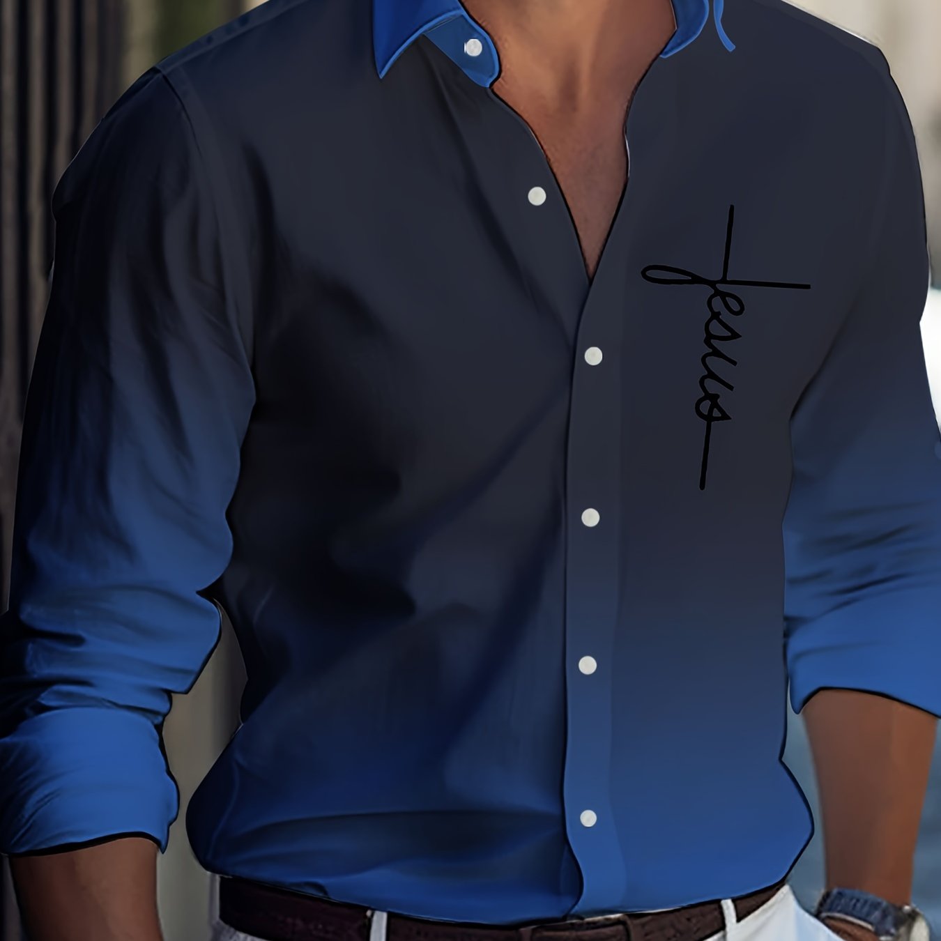 Men's Plus-Size Ombre Casual Shirt with 3D Alphabet Print and Lapel Collar