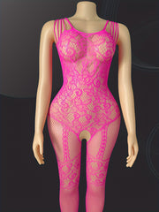Women's High Stretch Floral Lace Sheer Mesh Bodysuit with Open Crotch