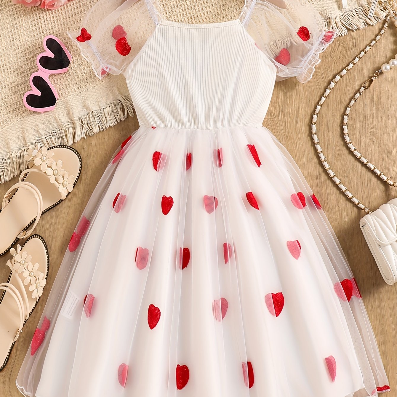 Girls' Summer Black and Red Heart Mesh A-Line Dress for Parties and Outings