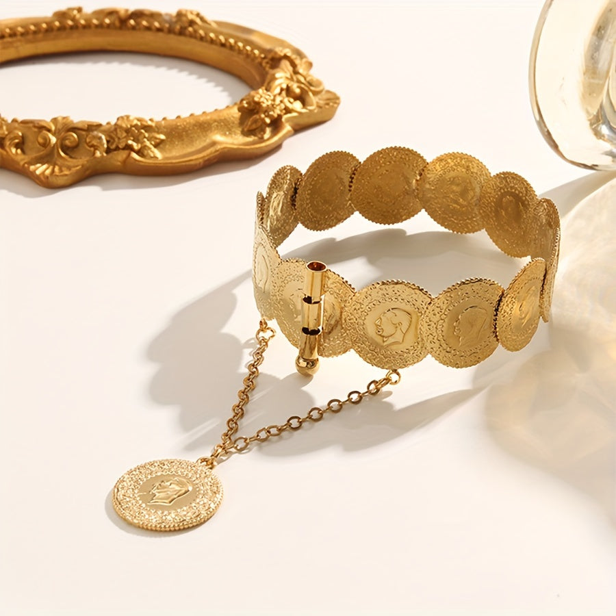 Gold-Plated Tribal-Inspired Bangle Bracelet with Copper Alloy Coin Links for Women