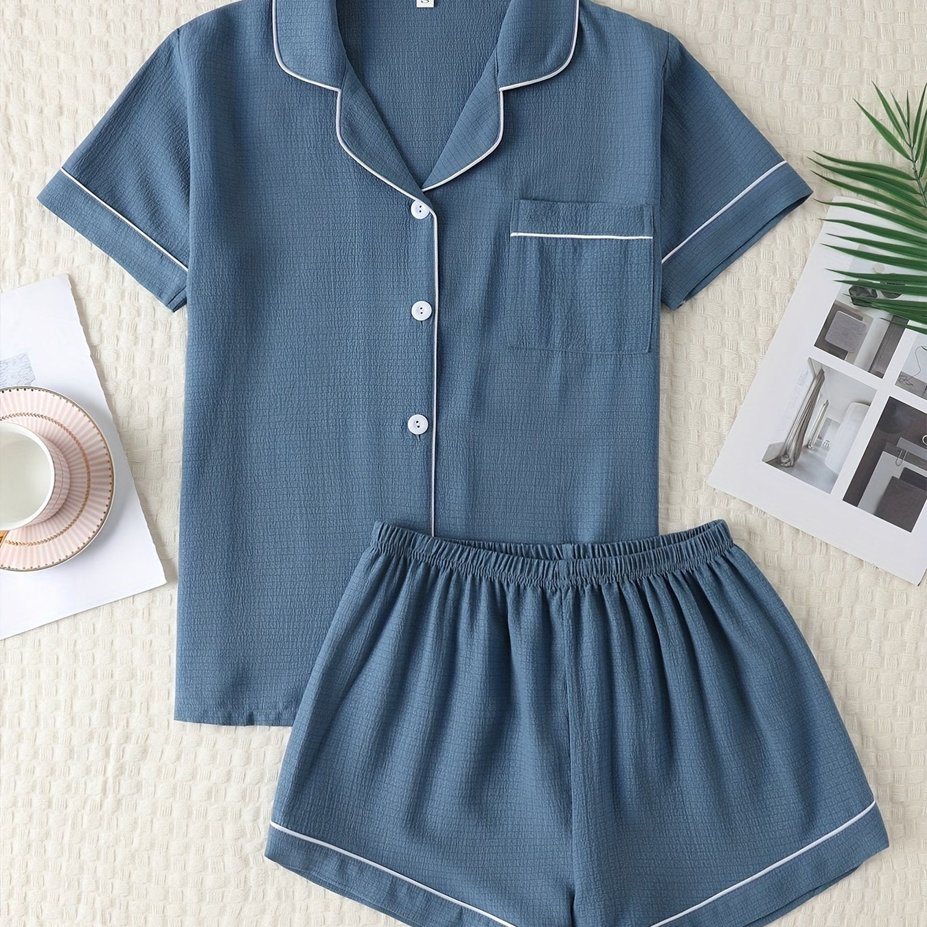 Women's Summer Pajama Set Short Sleeve Button-Up Top with Lapel Collar and Elastic Shorts