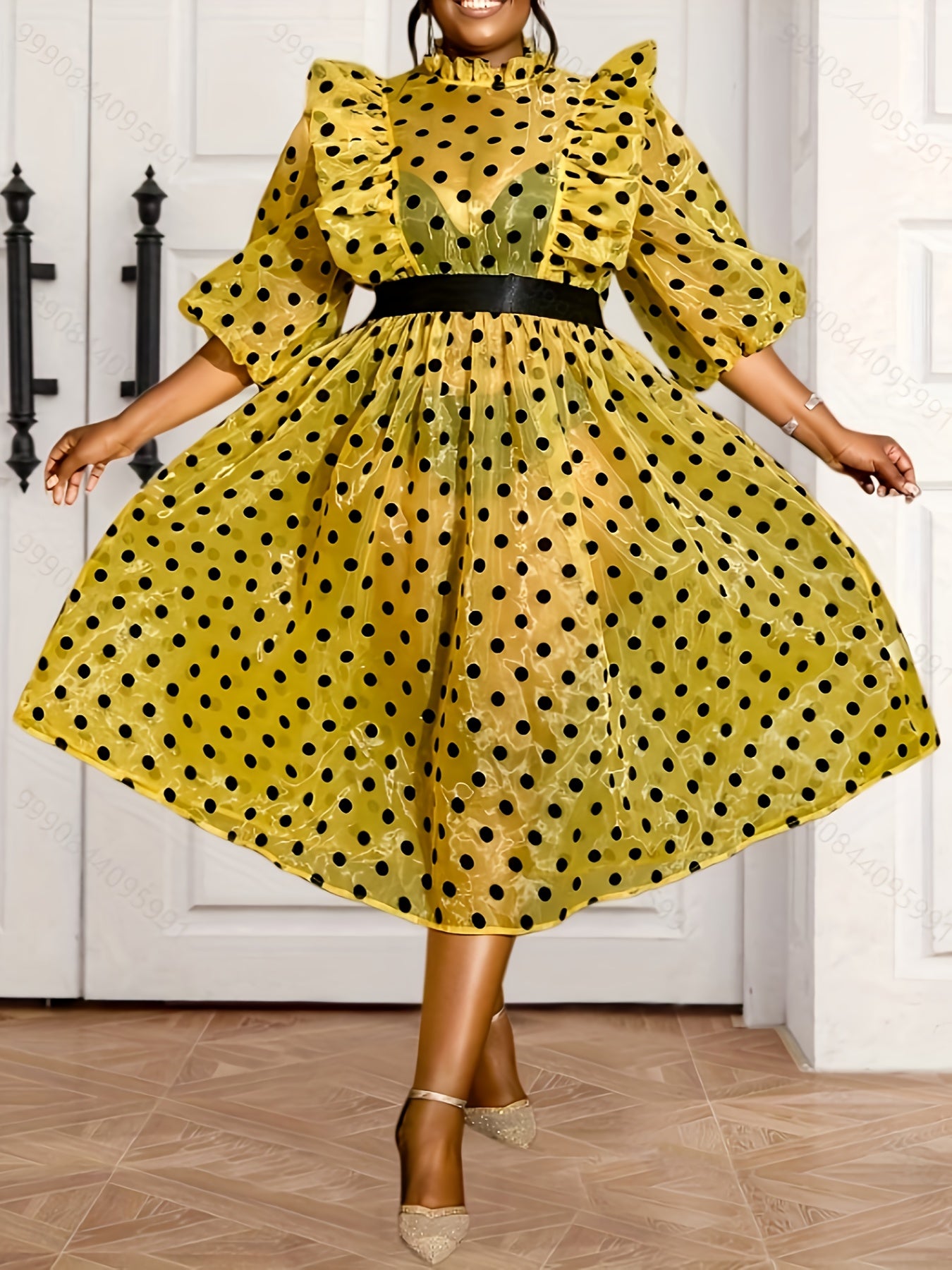 Women's Plus Size Polka Dot Gauze A-Line Dress with Puff Sleeves and Flared Hem