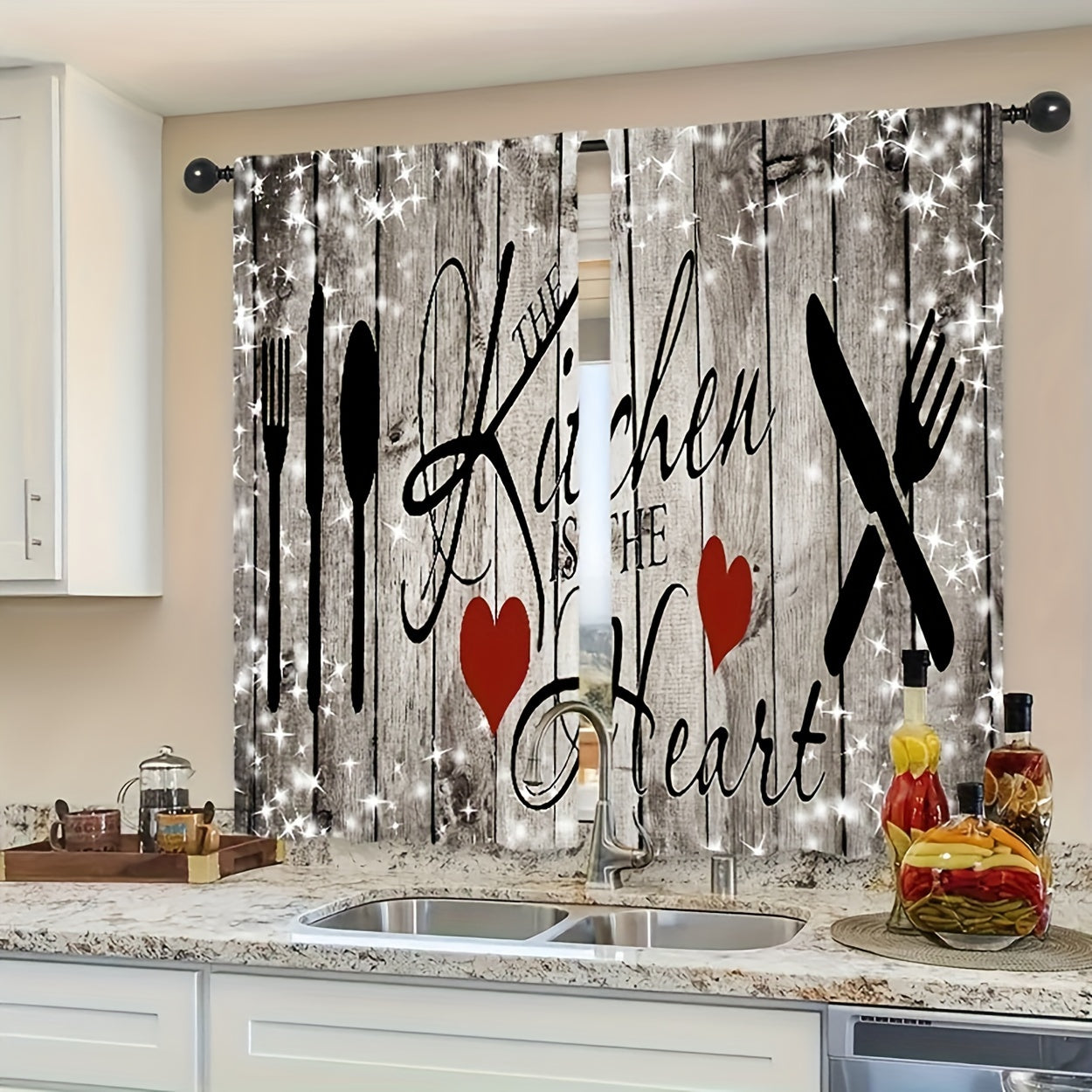 Vintage Polyester Café Curtains Set for Kitchen or Living Room, Semi-Transparent, Easy Hang