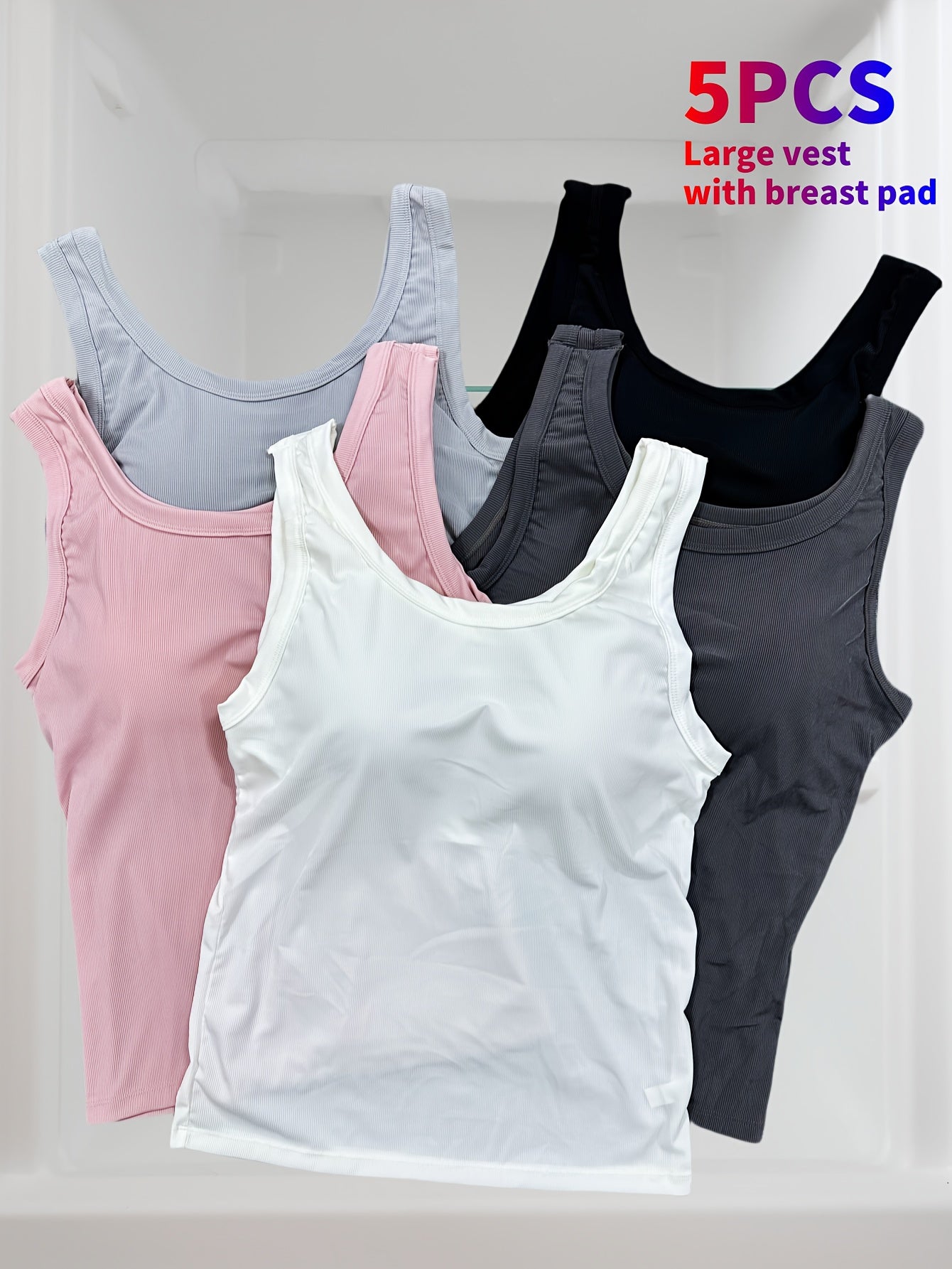 Ayollar uchun kattaroq o'lchamdagi ribbed tank toplar, ichki bra padlari bilan, 5 ta paket