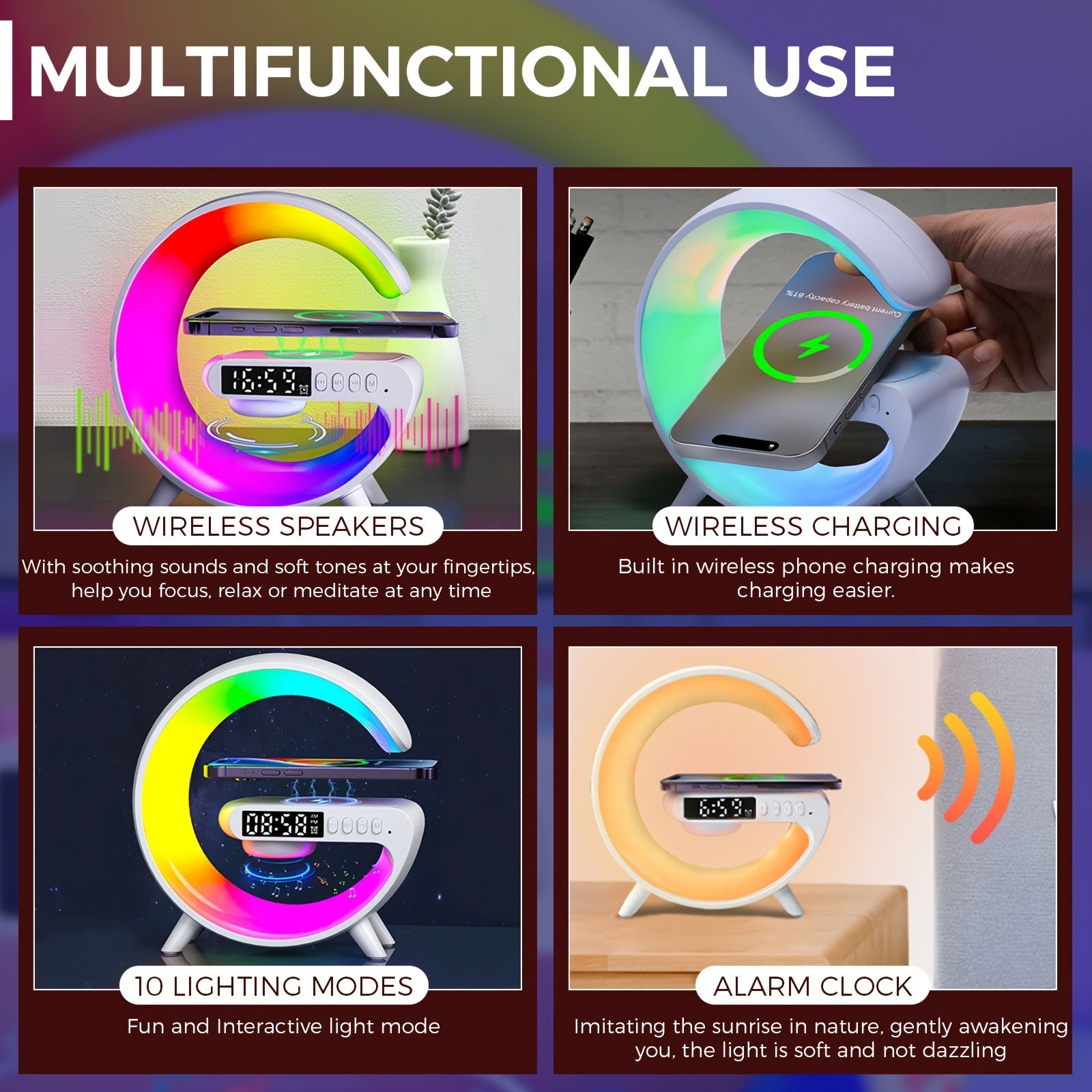 CyberDyer Smart Table Light with Sunrise Alarm Clock, Night Light Charging Station, Wireless Speaker, and Desktop Decoration Atmosphere Lamp - har qanday tadbir uchun mukammal sovg'a.