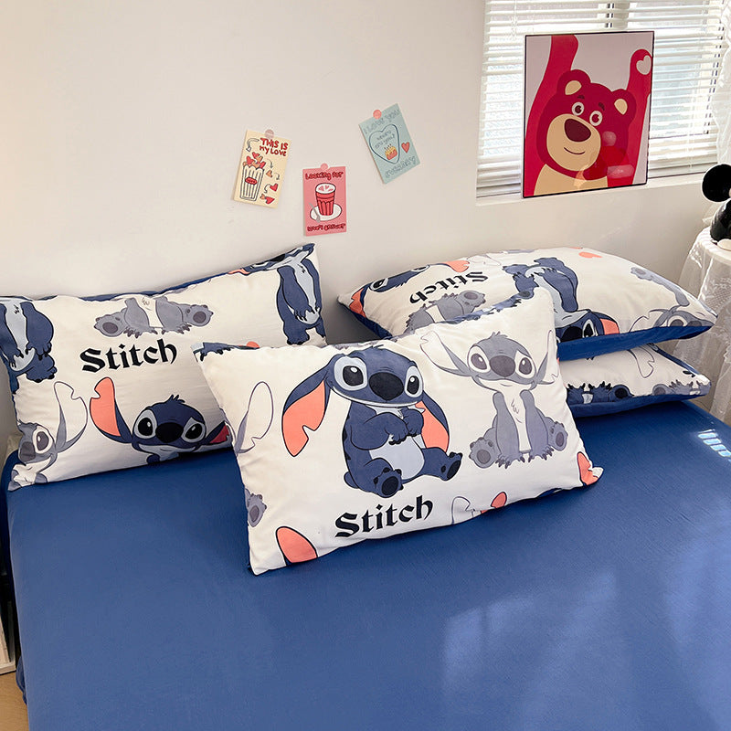 4-Piece Blue Polyester Stitch Cartoon Bedding Set Duvet Cover Flat Sheet Pillowcases for Teen Bedroom