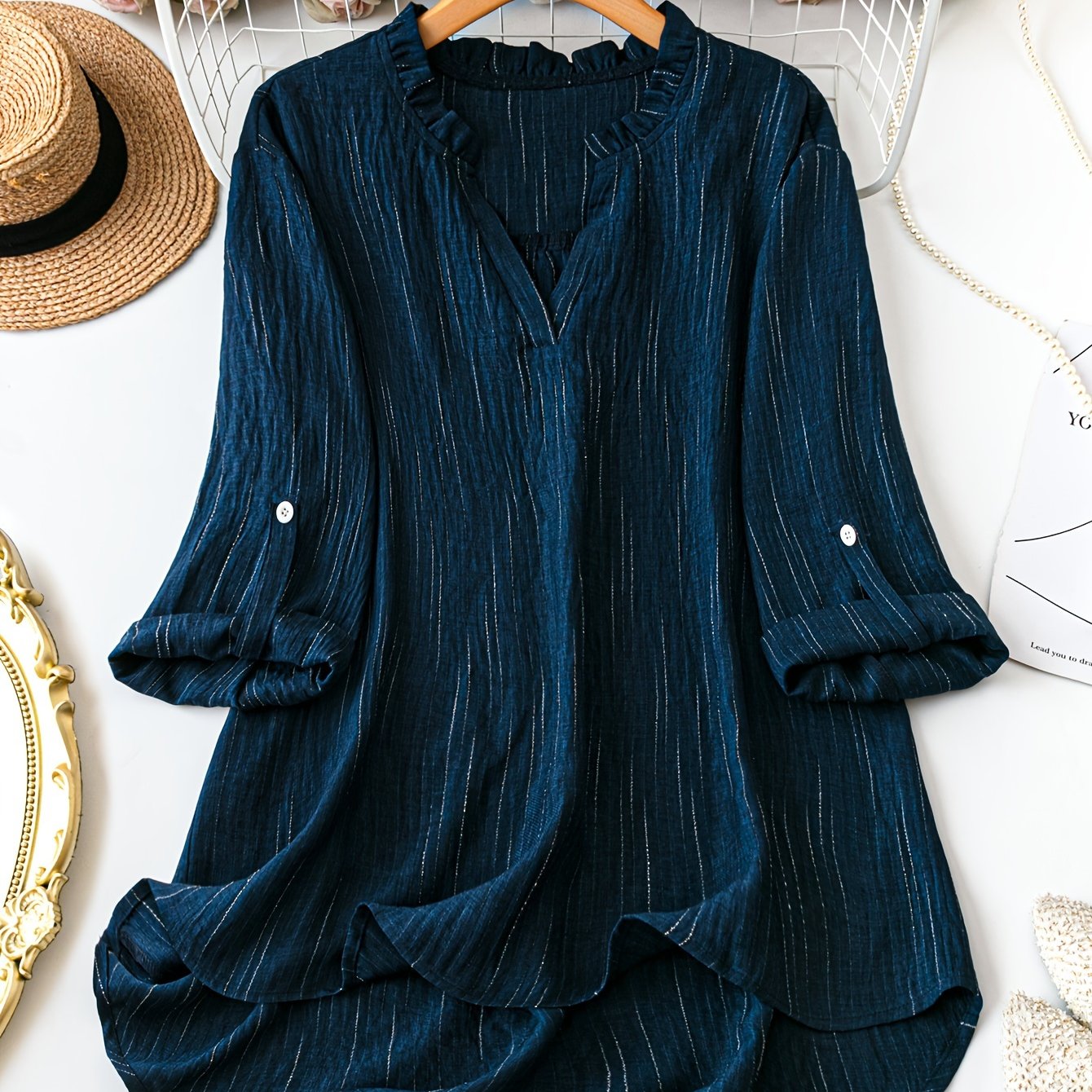 Plus Size Women's Elegant V-Neck Blouse with Button Details Polyester Woven Shirt