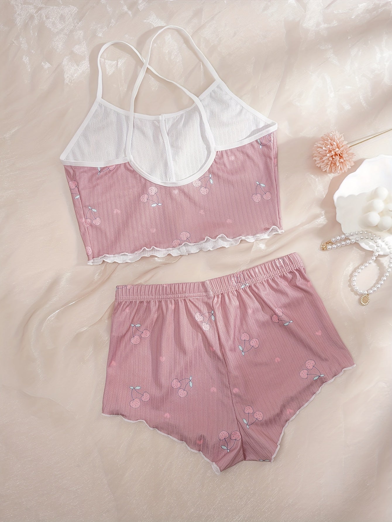 Women's Heart Print Pajama Set with Bow Knot Crop Cami Top and Elastic Shorts for Valentine's Day Sleepwear