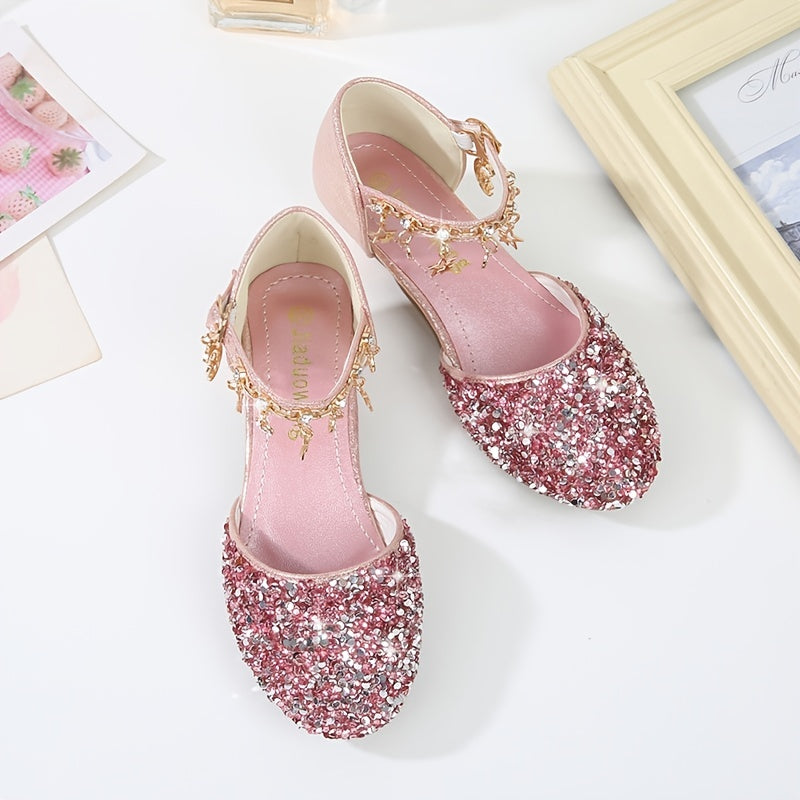 Girls' Sparkling Glitter Princess Shoes with Flower Embellishments for Performance and Fashion