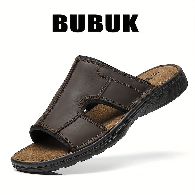 Men's Leather Slide Sandals Non-Slip Sole Open-Toe Casual Beach Outdoor