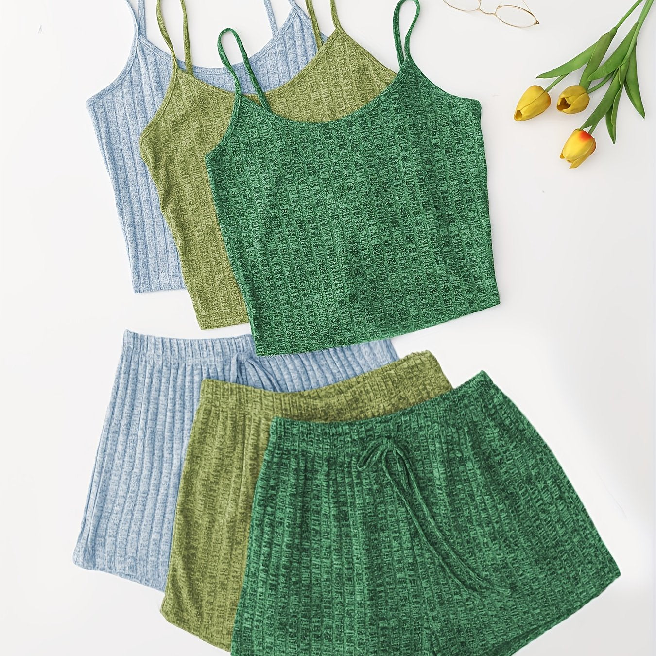 Women's 3-Piece Pajama Set Solid Cami Top Lace-Up Shorts Sleepwear Lounge Wear