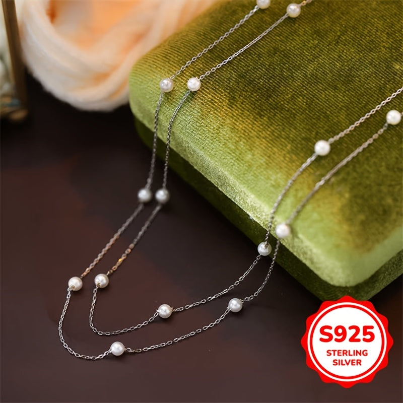 Sterling Silver Pearl Necklace for Women Double-Layer Elegant Clavicle Chain Gift