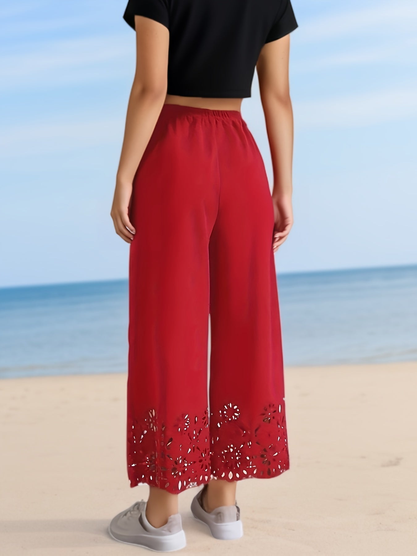 Pantalones de mujer de talla grande con piernas anchas y recortes de encaje, lavables a máquina, para todas las estaciones