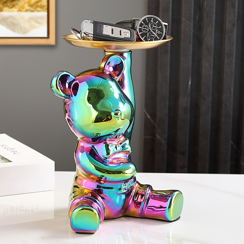 Ceramic Bear Figurine with Metal Tray Modern Home Decor Key Organizer
