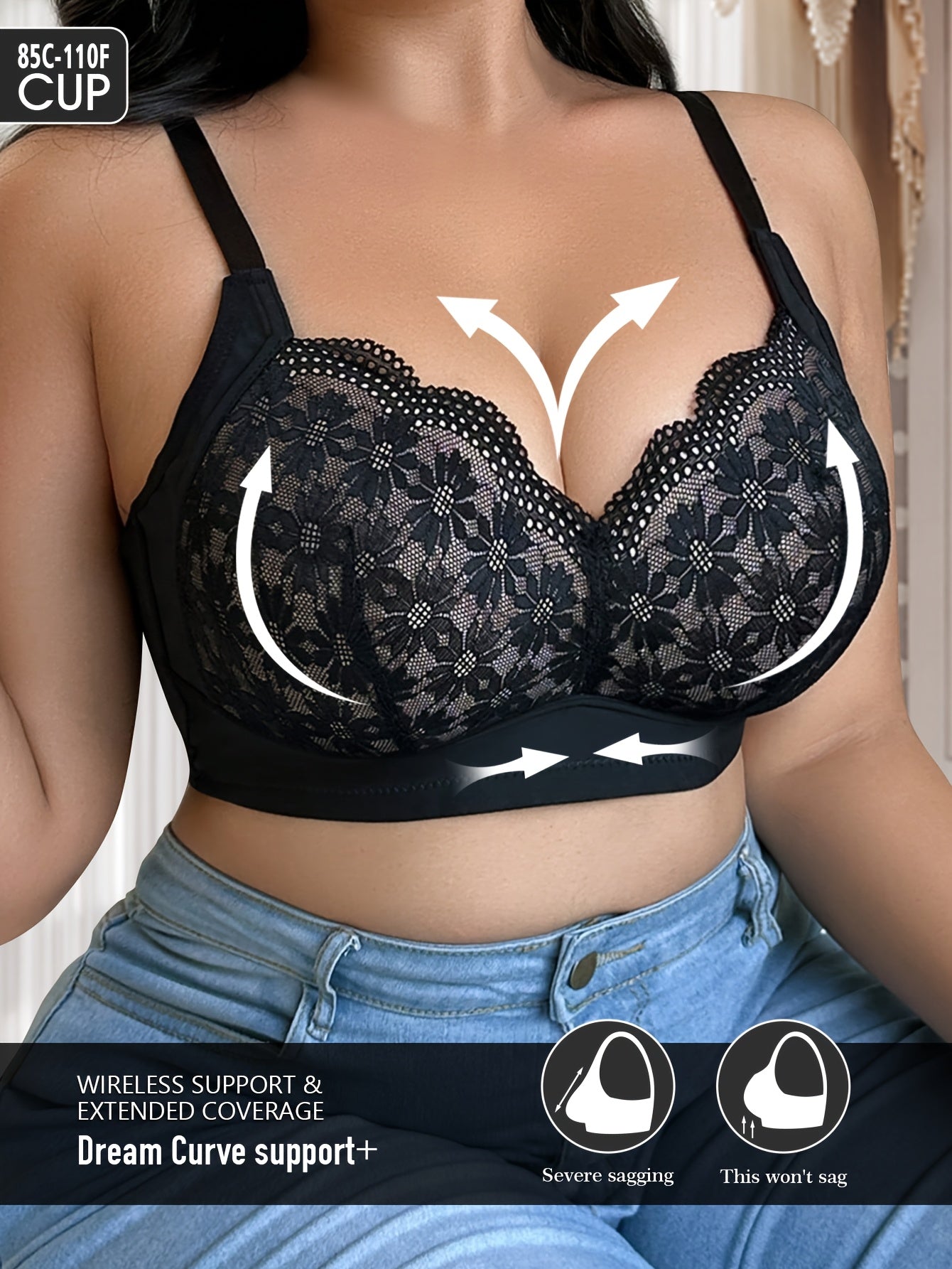 Plus Size Wireless Strapless Bra with Non-Removable Padding and Ditsy Floral Pattern