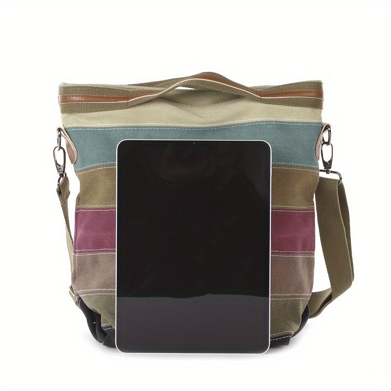 RUYIHUANG Ayollar uchun Tasodifiy Tashish Sumkasi: Katta Hajm, Ko'p Bo'limli, Ajraladigan Yelka Tasmasi bilan Rangli Dizayn, Bej va Ko'k-Yashil Chiziqli Nizom, Har Kunlik Foydalanish