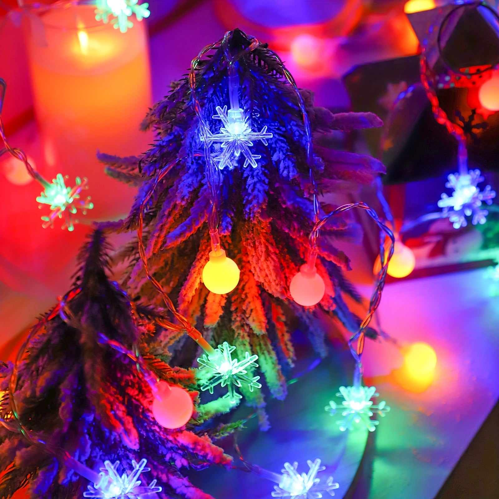 Luces de cadena de bolas blancas de copo de nieve para Navidad, decoración de árbol interior