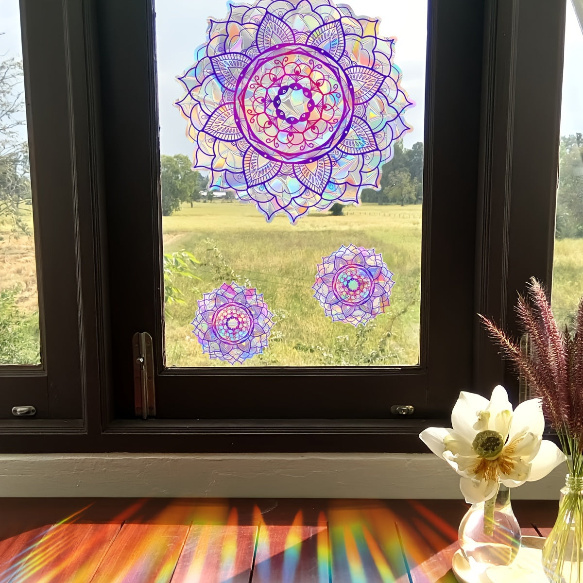 Contemporary Purple Mandala Window Cling Reusable PVC Dual-Sided Decor