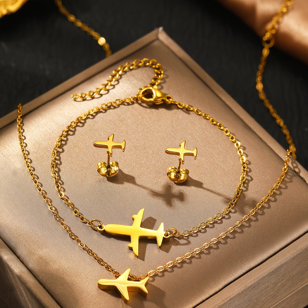 Women’s Jewelry Set Stainless Steel Airplane Pendant Necklace Bracelet Earrings Gift