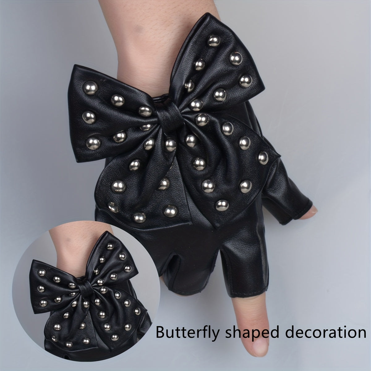Women's Half Finger Rivet Bow PU Leather Gloves for Punk Dance and Hip Hop