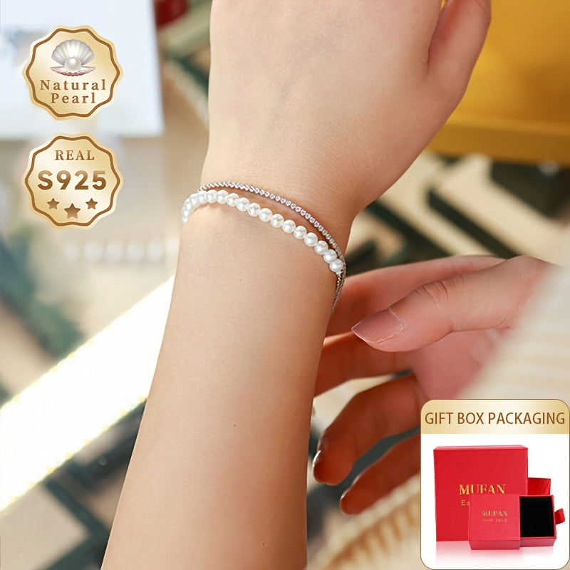 Pulsera elegante de doble hilo con perlas de agua dulce y zirconia, plata de ley, piedra de nacimiento de junio