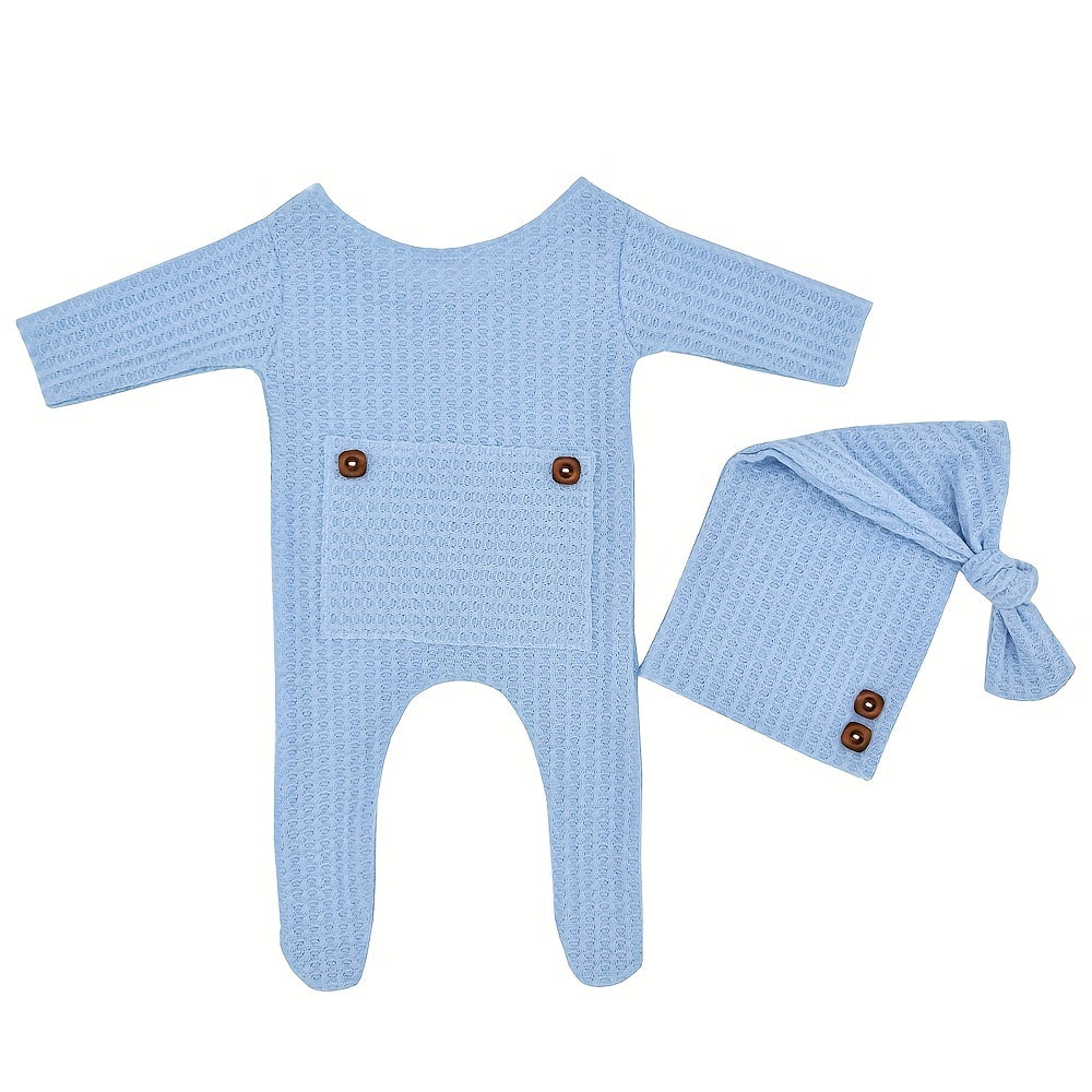 Newborn Baby Boy Clothes Set Long Sleeve Knitted Romper Beanie Photography Props