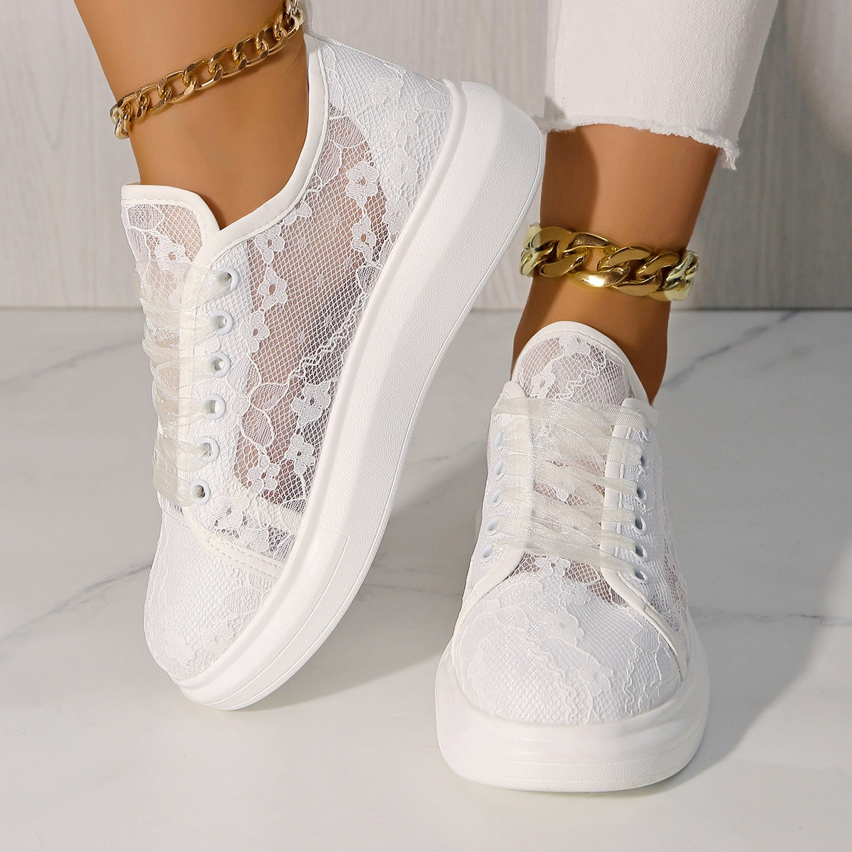 Women's White Floral Lace Mesh Breathable Sneakers for Walking and Travel