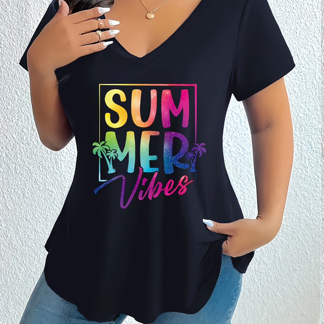 Women's Plus Size V-Neck T-Shirt Summer Graphic Short Sleeve Loose Fit