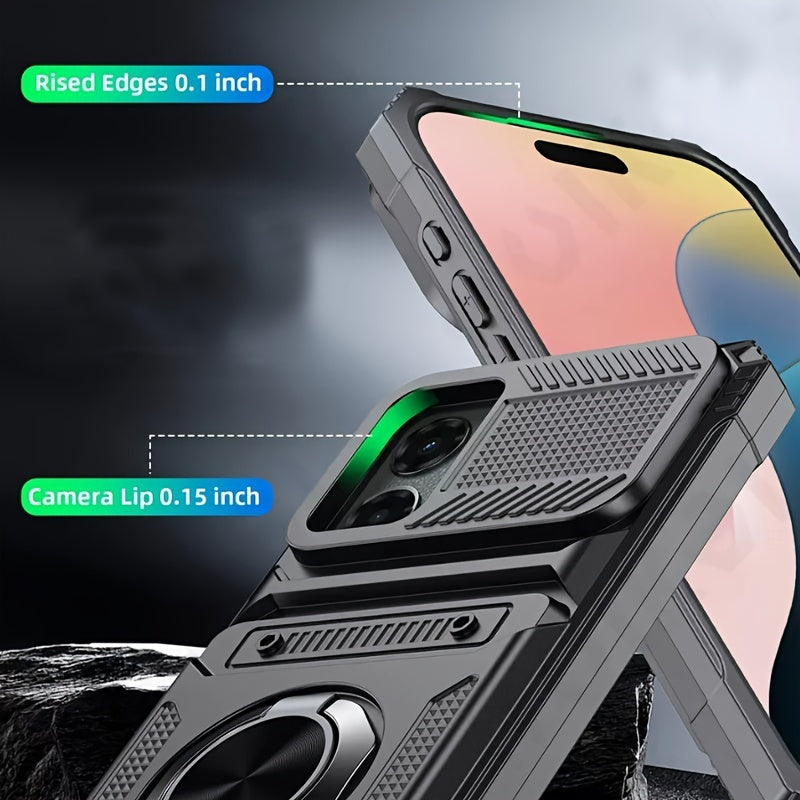Heavy Duty Phone Case with Metal Stand and Card Slot for iPhone 16 Pro Max 15 Pro Max 14 Pro Max