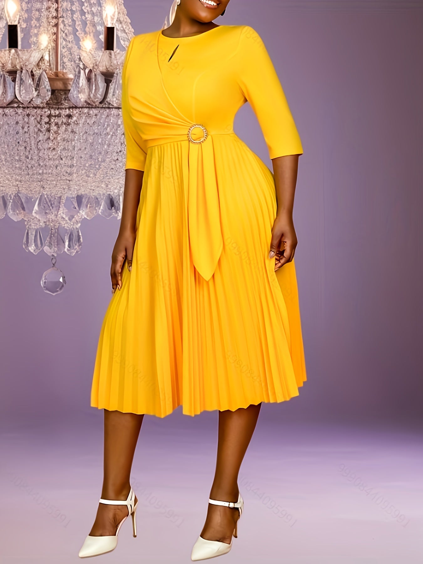 Women’s Mustard Yellow A-Line Midi Dress with Belt and Pleated Hem