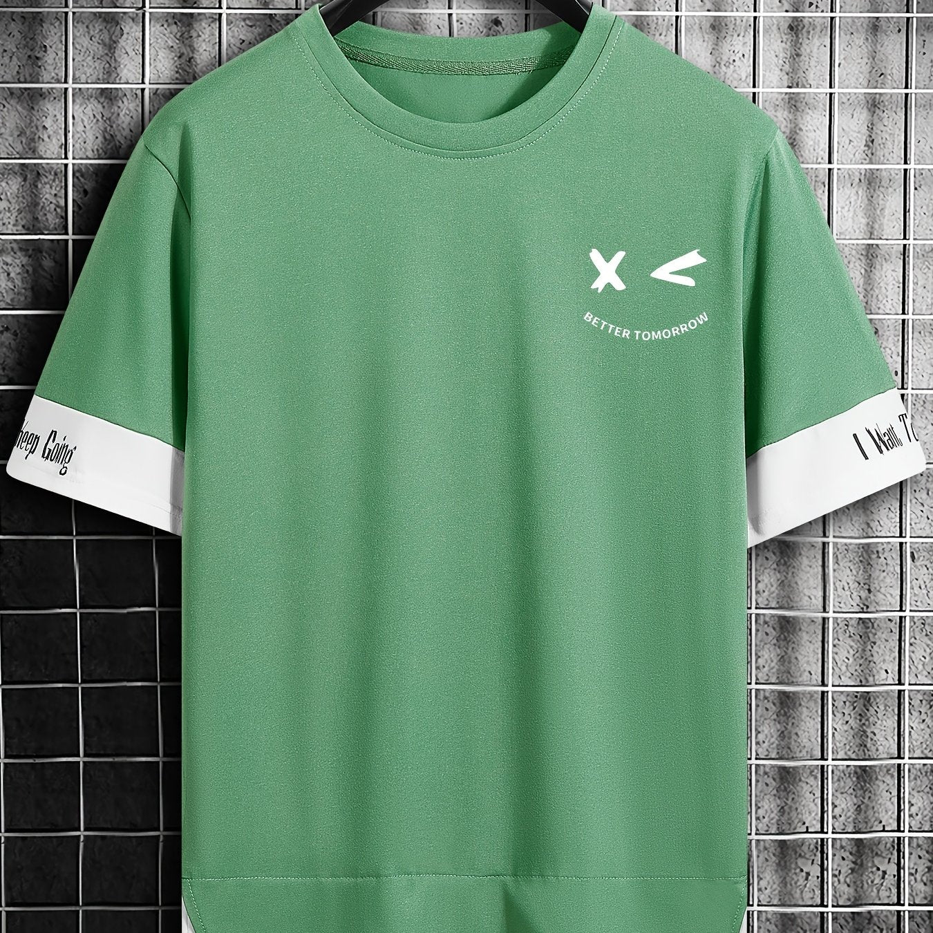 Men's Color-Blocked Short Sleeve T-Shirt with Letter Print Faux Two-Piece Summer Casual