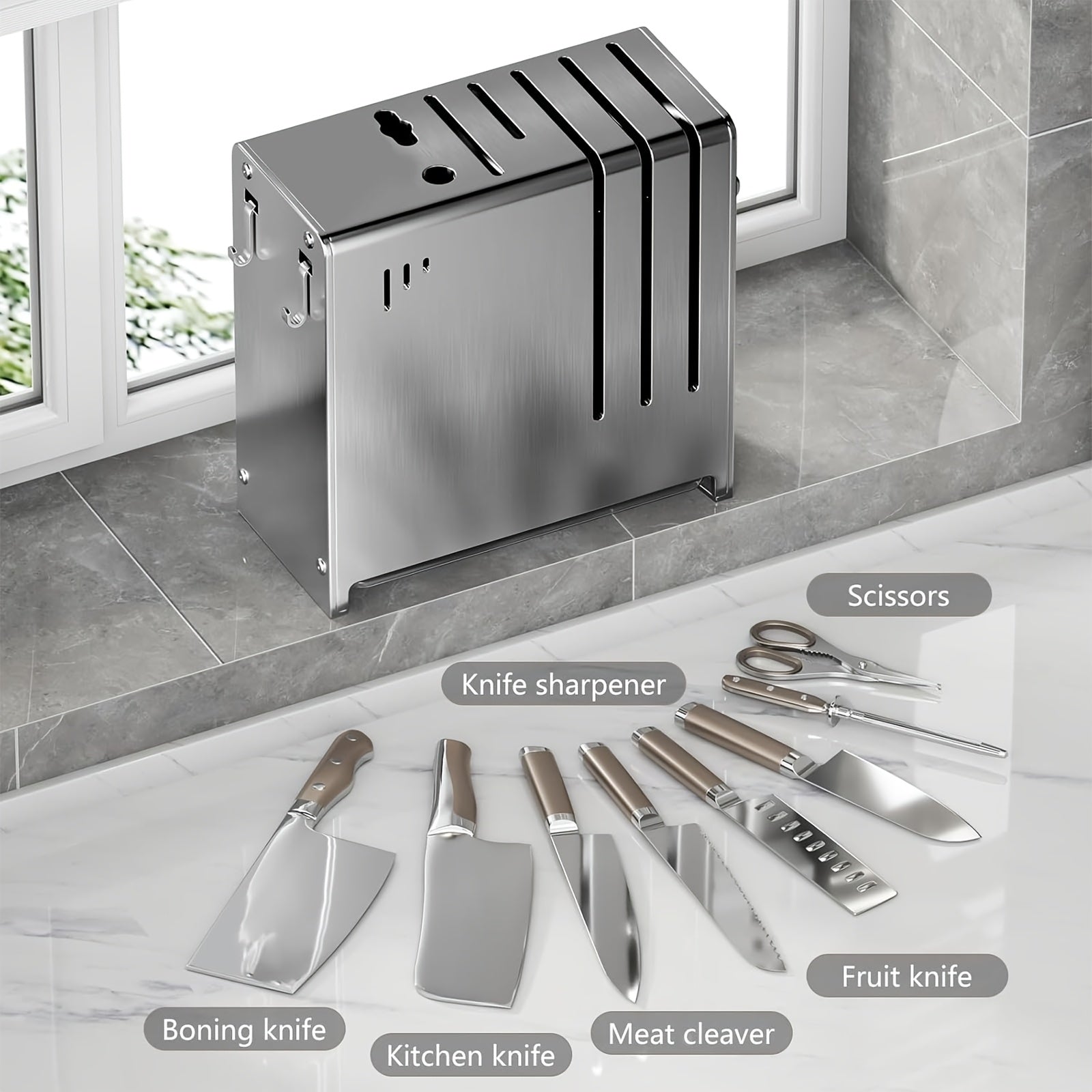 Stainless Steel Knife Block with Sharpener and Scissor Holder Countertop Organizer