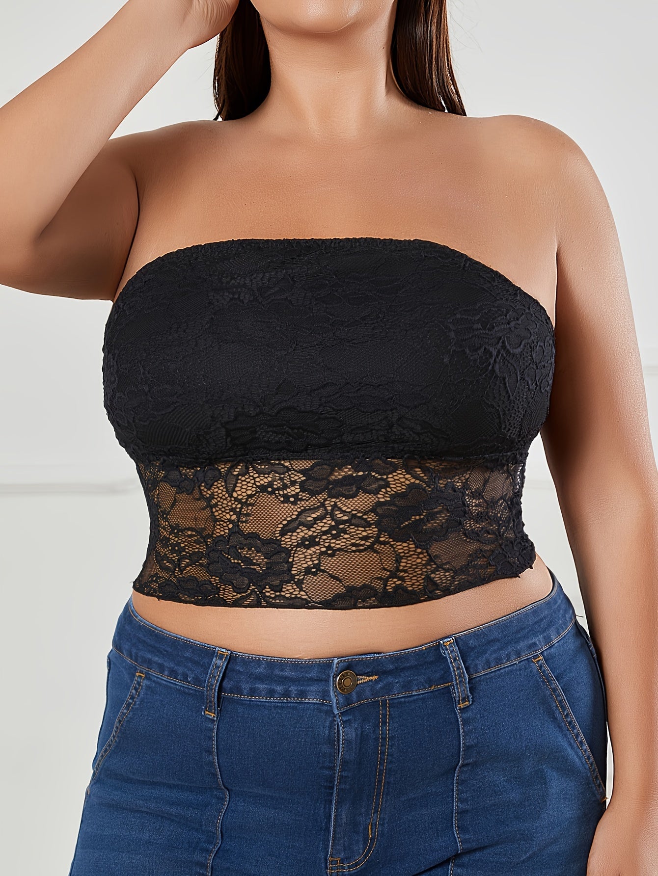Plus Size Lace Bandeau Bralette Strapless Semi-Sheer Knit Solid Color