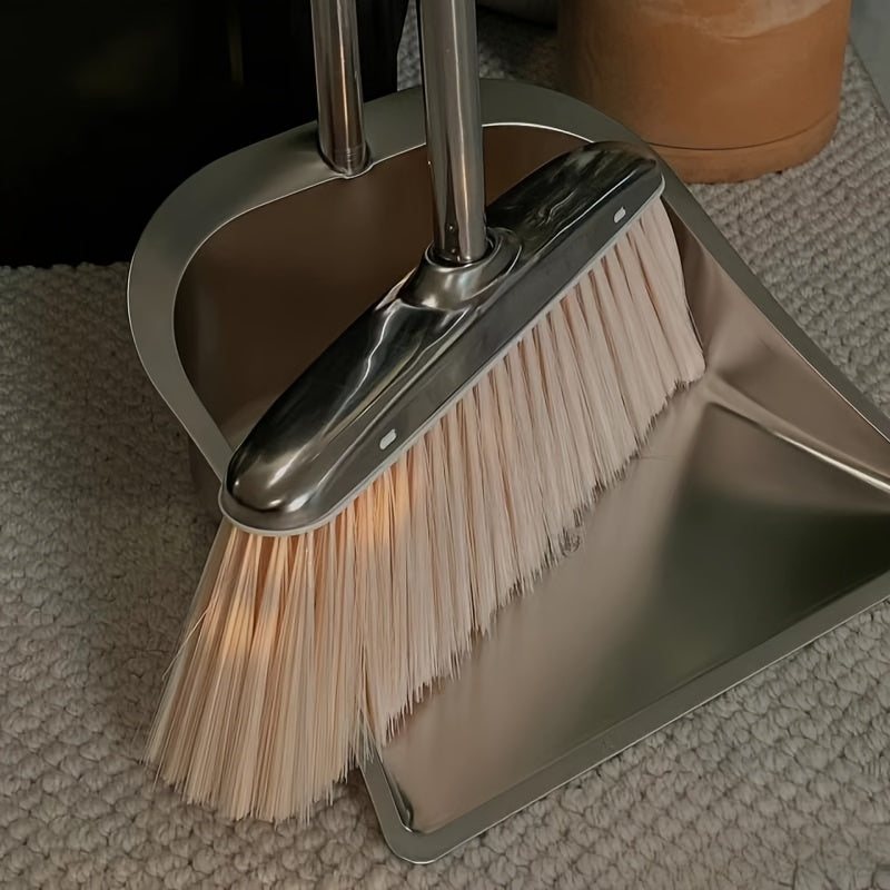 Комплект из двух предметов из нержавеющей стали: комбо веник и совок для домашней уборки, использования в общежитии или для уборки мусора