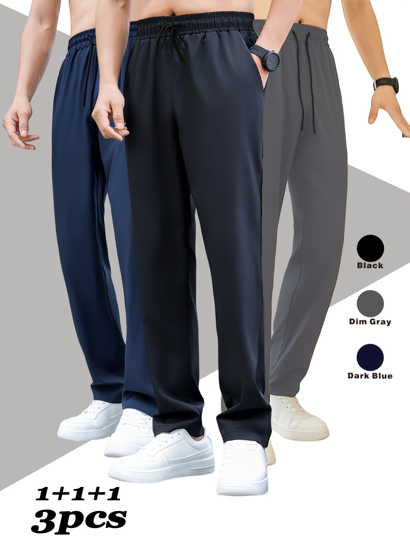 Men's 3-Pack Athletic Casual Pants Polyester Blend Straight Leg Solid Color Drawstring Waist
