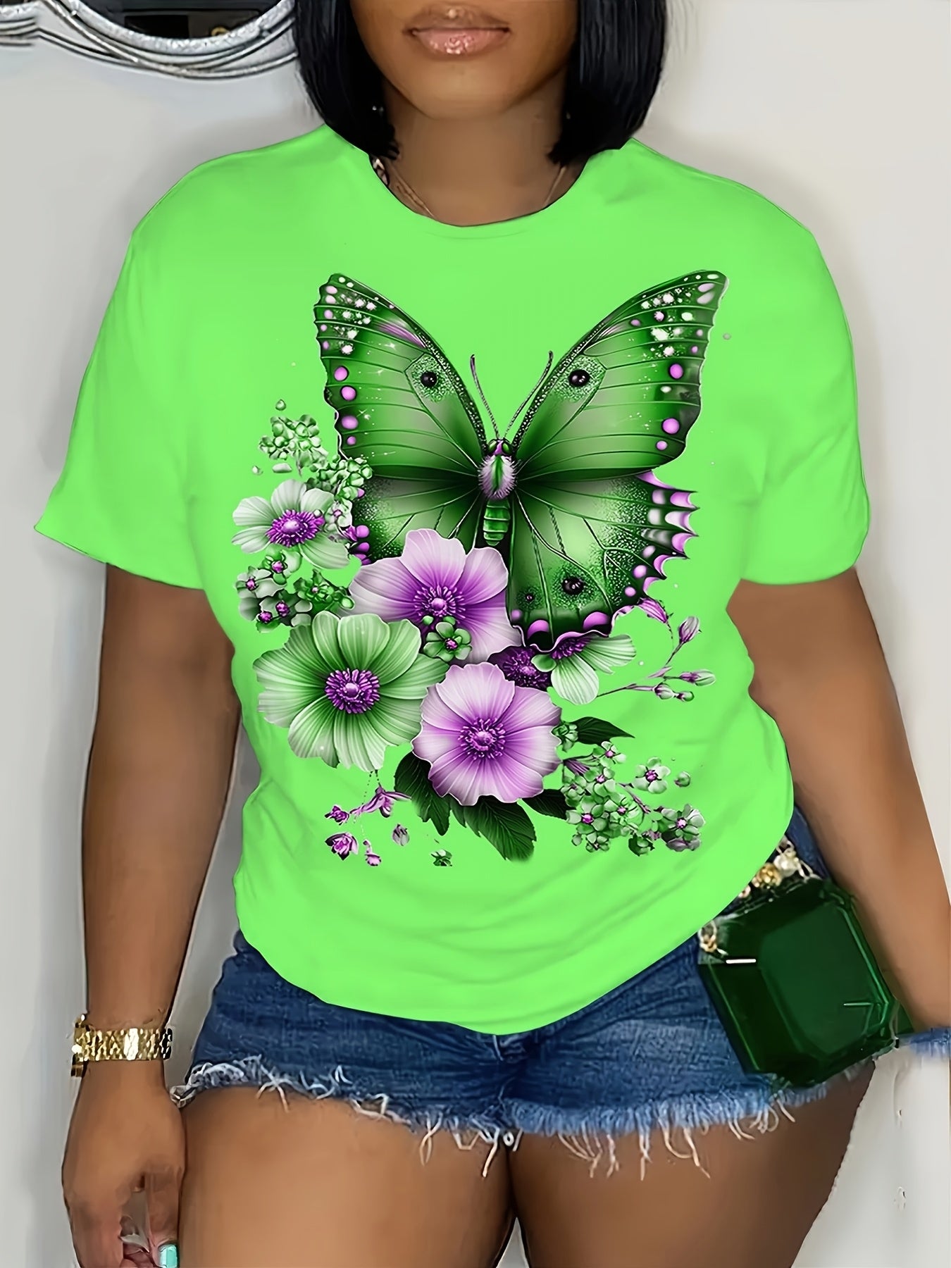Plus Size Women Floral Print T-Shirt Crew Neck Short Sleeve Summer Top