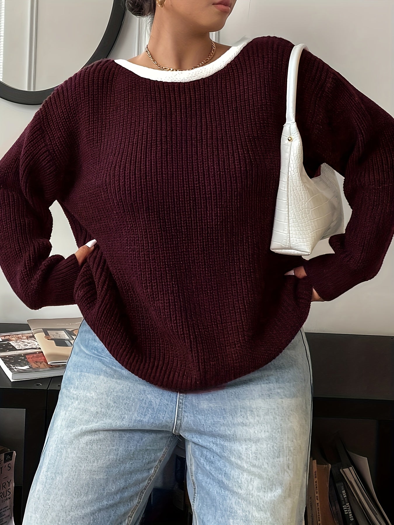 Suéter verde de talla grande para mujer con lazo blanco de manga larga y cuello redondo