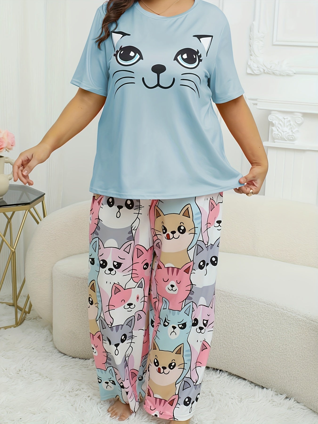 Women's Plus Size Cat Print Pajama Set Short Sleeve Long Pants Polyester Blend