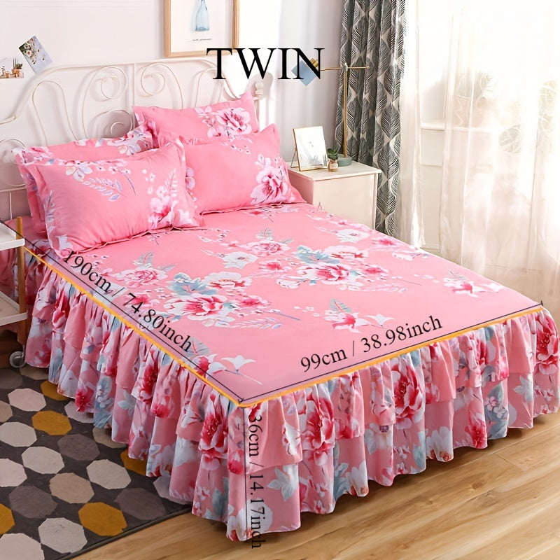 Set of 3 Tropical Floral Bedding Set with Lace Bed Skirt and Pillowcases Ruffled Edges Purple