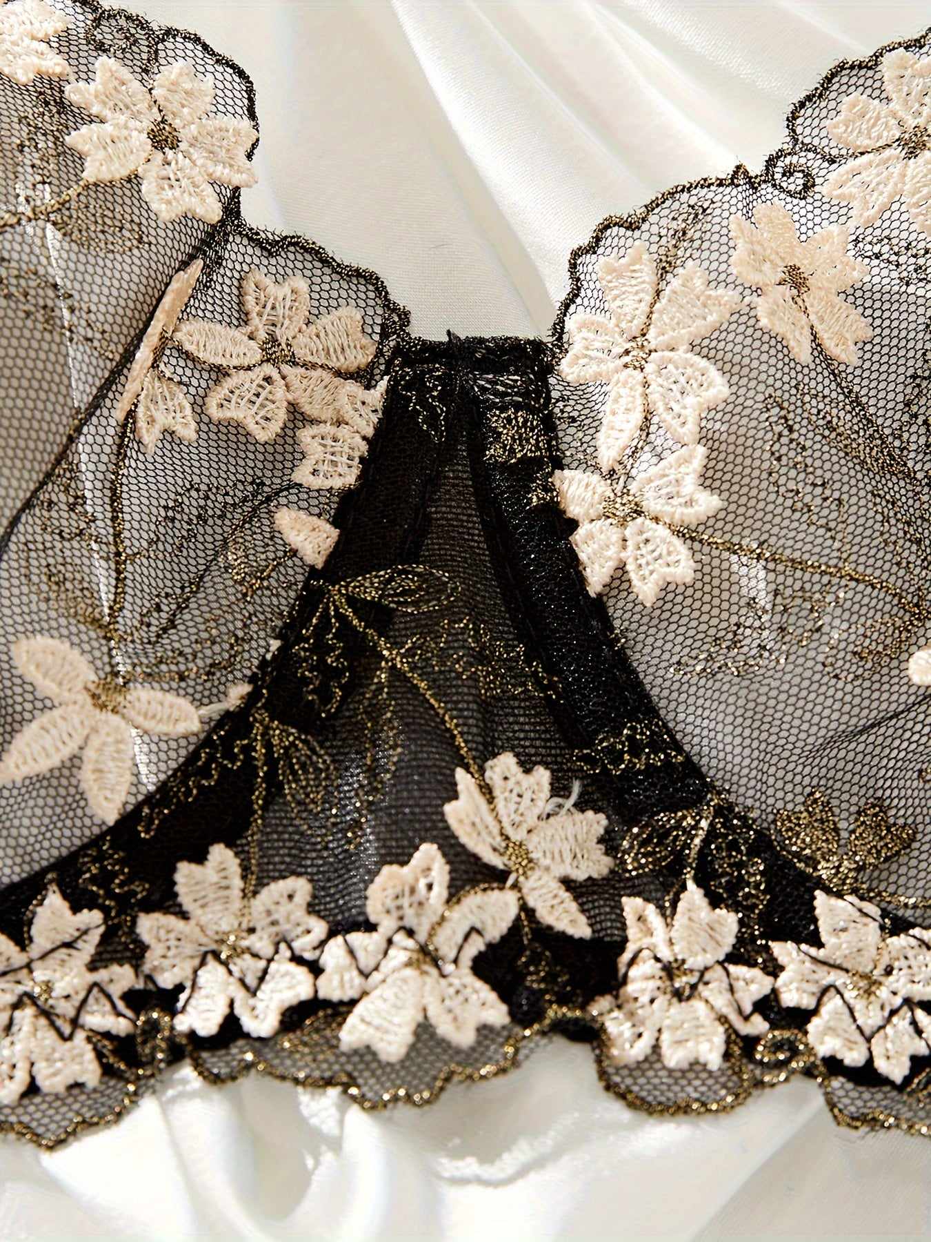 Women's Floral Embroidery Semi Sheer Lingerie Set Bra and Thong