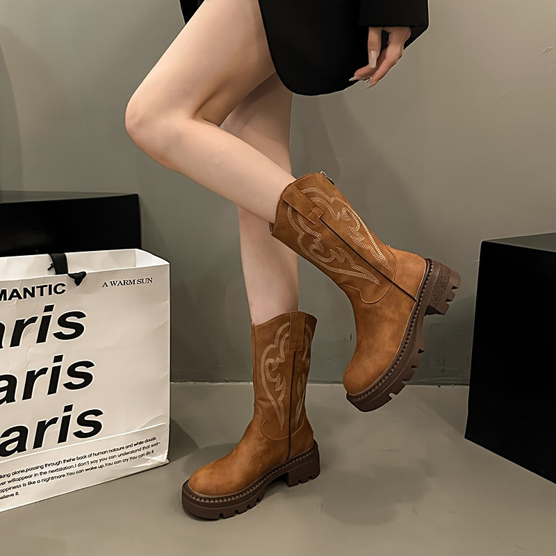 Women's Brown Western Boots | Chunky Mid-Heel, Non-Slip Sole, Round Toe