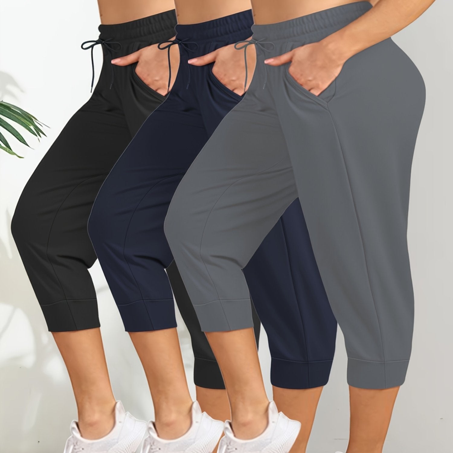 Plus Size Drawstring Side Pocket Cropped Joggers Three Pack Loose Fit Pants