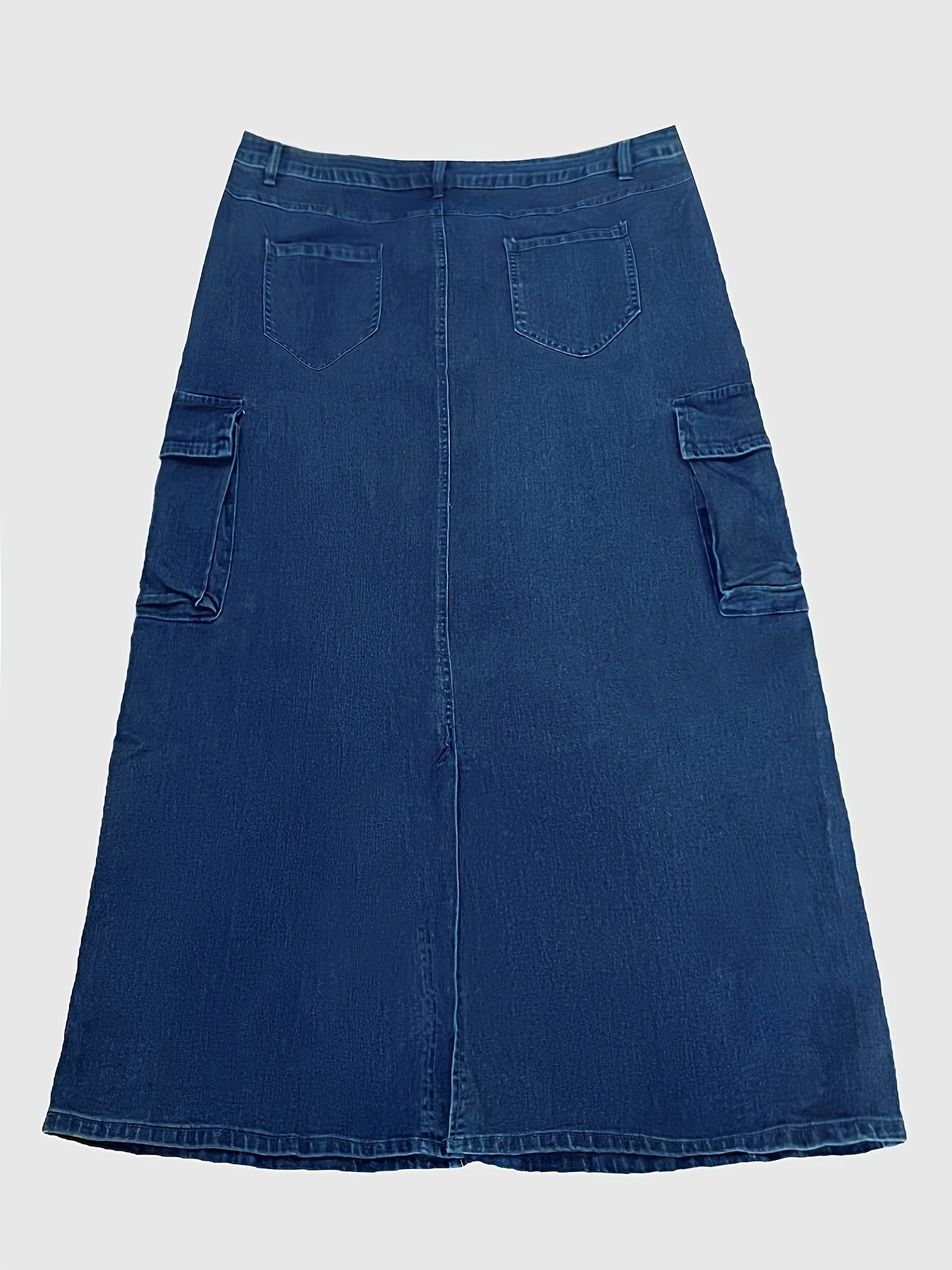 Women's Washed Denim Midi Skirt with Pockets, High-Waisted, Casual Cargo