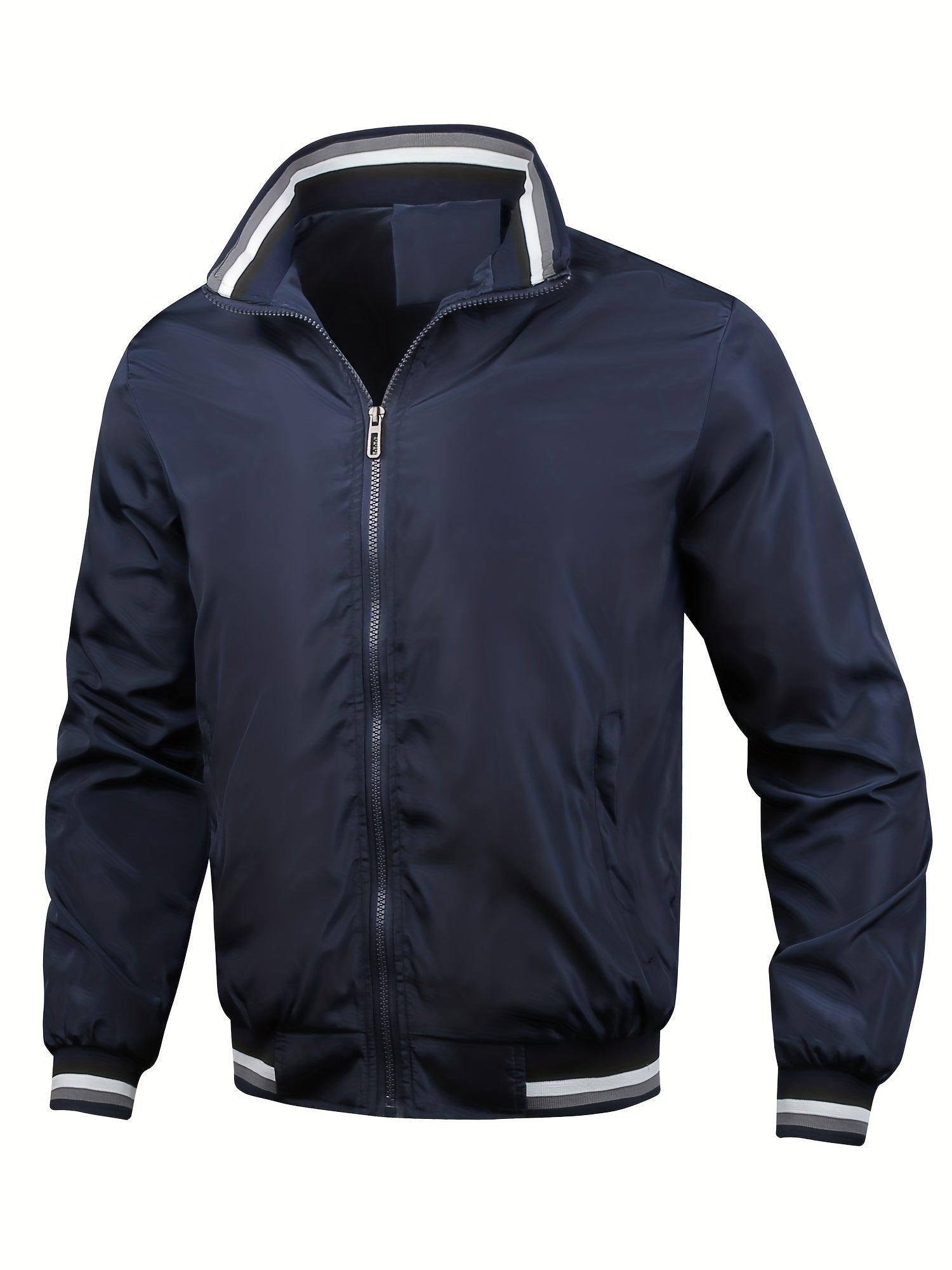 Chaqueta casual para hombre de poliéster con cuello alto, color sólido, transpirable, sin elasticidad, con cremallera, corte regular