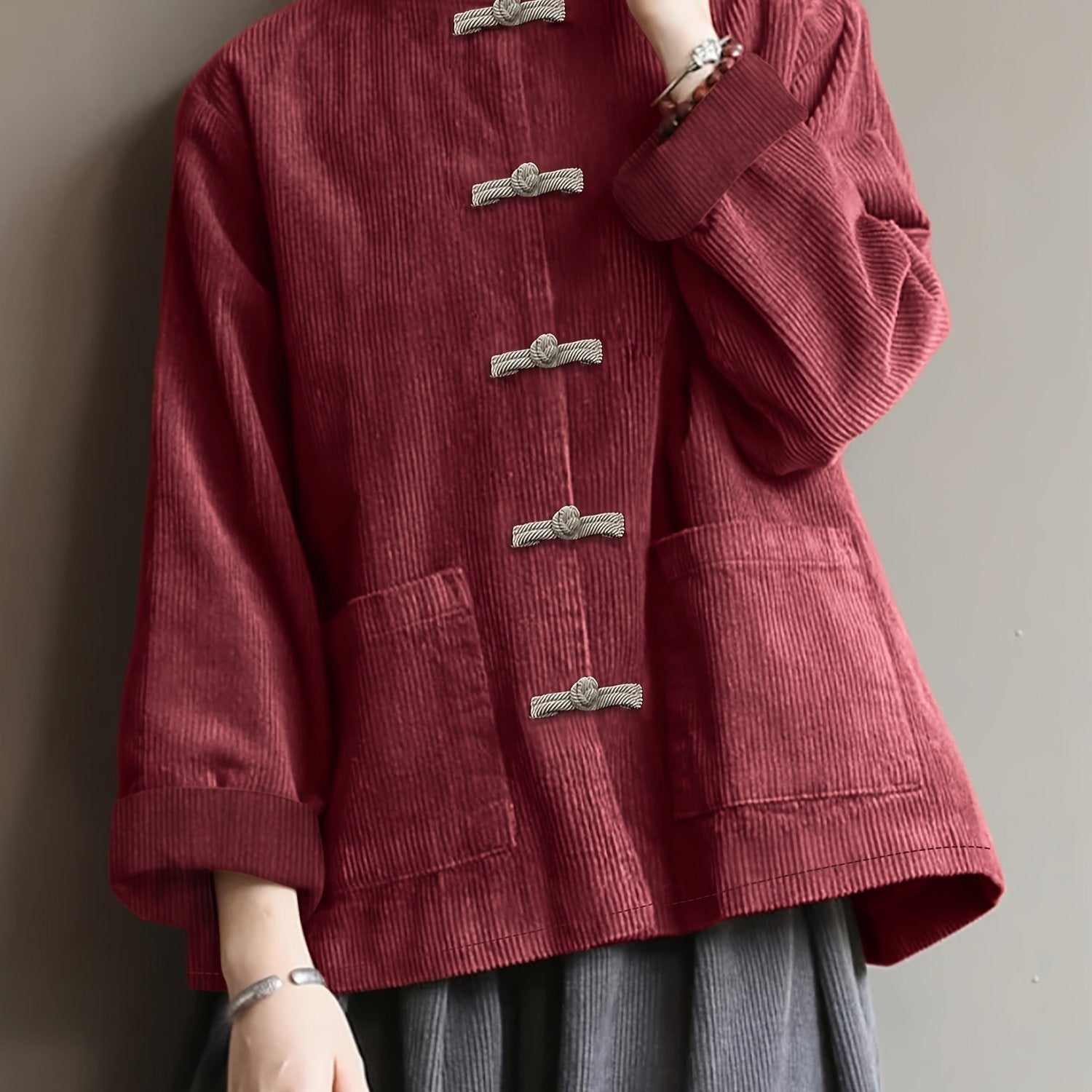 Plus-Size Women's Long Sleeve Top for Spring and Fall Casual Solid Color with Pocket